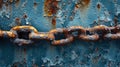 A rusty chain on a blue painted wall with rust, AI
