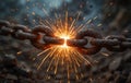 Rusty chain breaking with sparks, depicting data breach and teamwork challenges