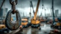 Rusty chain hanging with blurred cranes in background on rainy day Royalty Free Stock Photo
