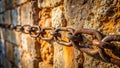 Rusty chain secured to aged stone wall, a testament to time and endurance. Generative AI Royalty Free Stock Photo