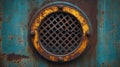 Rusty, circular vent in teal metal Royalty Free Stock Photo