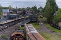 Rusty city trains on a cloudy day