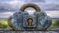 Rusty cloud-shaped padlock, outdoor landscape background, data security concept. Royalty Free Stock Photo