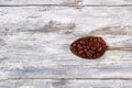 Rusty coffee spoon, wooden background.