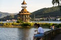 Rusty construction, view of Danube river and Orsova city, waterfront view. Orsova, Romania, 2020