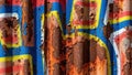 Rusty corrugated metal with colorful abstract graffiti and peeling paint texture Royalty Free Stock Photo