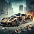 a rusty tuned custom madmax style car speed in apocalyptic burning city dystopian scene future