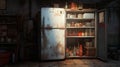 Rusty Debris: A Dark White And Amber Spatial Concept Art Of An Old Fridge