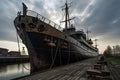 Rusty decommissioned marine ship that was left on the shore. The ship in the port is waiting for repair or scrapping. Ship