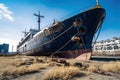 Rusty decommissioned marine ship that was left on the shore. The ship in the port is waiting for repair or scrapping. Ship