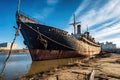 Rusty decommissioned marine ship that was left on the shore. The ship in the port is waiting for repair or scrapping. Ship