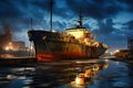 Rusty decommissioned marine ship that was left on the shore. The ship in the port is waiting for repair or scrapping. Ship