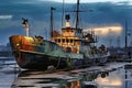 Rusty decommissioned marine ship that was left on the shore. The ship in the port is waiting for repair or scrapping. Ship