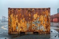 A rusty, dented shipping container battered by harsh weather, on a gloomy port background. AI generated.