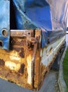 Rusty destroyed old dirty truck body. Car with rust, defects and scratches. Sheet metal corrosion of old steel. Vehicle bodywork.