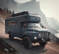 rusty dirt offroad 4x4 lifted vintage custom camper conversion jeep overlanding in mountain roads