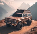 rusty dirt offroad 4x4 lifted vintage custom camper conversion jeep overlanding in mountain roads