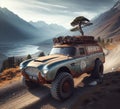 rusty dirt offroad 4x4 lifted vintage custom camper conversion jeep overlanding in mountain roads