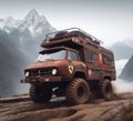 rusty dirt offroad 4x4 lifted vintage custom camper conversion jeep overlanding in mountain roads