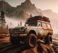 rusty dirt offroad 4x4 lifted vintage custom camper conversion jeep overlanding in mountain roads