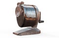 A rusty dirty old vintage antique vacuum mounted hand powered pencil sharpener isolated on white with room 3d render