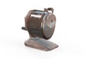 A rusty dirty old vintage antique vacuum mounted hand powered pencil sharpener isolated on white with room 3d render