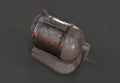 A rusty dirty old vintage antique vacuum mounted hand powered pencil sharpener isolated on white with room 3d render