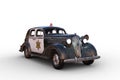 3D illustration of a rusty dirty old vintage police car with headlights on isolated on white Royalty Free Stock Photo