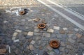 Only rusty discs remained in the parking lot after the car`s brakes were repaired. Someone ruthlessly put down the parts and drove