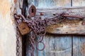 Rusty door lock and chain on an old door Royalty Free Stock Photo