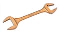 Rusty double ended wrench displaying corrosion, metallic surface bearing engraved numerical markings, positioned against