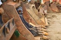 Rusty excavator buckets in a truck yard