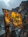 Rusty Falling Rocks Warning Sign in a Canyon Royalty Free Stock Photo