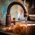 Rusty faucet above the sink, the flow of water from the tap. Generative Royalty Free Stock Photo