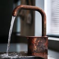 Rusty faucet above the sink, the flow of water from the tap. Generative Royalty Free Stock Photo