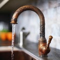 Rusty faucet above the sink, the flow of water from the tap. Generative Royalty Free Stock Photo