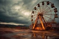 rusty ferris wheel against stormy sky
