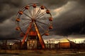 rusty ferris wheel against stormy sky