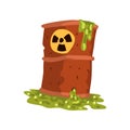 Rusty flowing barrel of nuclear waste, ecological problem, environmental pollution concept, vector Illustration on a Royalty Free Stock Photo