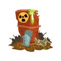 Rusty flowing barrel of nuclear waste, toxic waste dump, ecological disaster, environmental pollution concept, vector Royalty Free Stock Photo