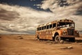 Rusty frame of an old bus standing on an empty road with clouds of dust around with copy space Royalty Free Stock Photo