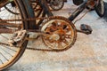 Rusty front sprocket and chain of old bicycle