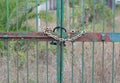 Vintage rusty green gate with locked master key and chain Royalty Free Stock Photo