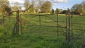 Rusty gate opening into a field, Hanley Swan, Worcestershire, UK.