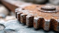 Rusty gear on rocks, close-up of worn metal texture. Royalty Free Stock Photo