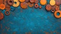 Rusty Gears and Cogs on a Vibrant Turquoise Background Royalty Free Stock Photo