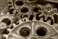 Rusty gears of old industrial mechanism, closeup