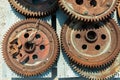 Rusty gears on a wood pallet