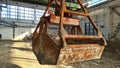 Rusty grab bucket or clamshell hanging on crane in empty industrial plant