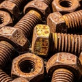 Rusty hexagonal bolts and nuts with visible threads and corroded surfaces. The bolts Royalty Free Stock Photo